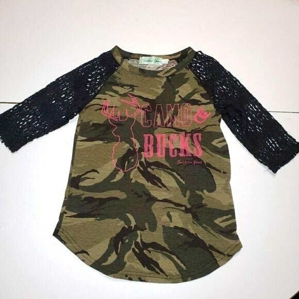 Southern Grace Camo & Bucks black lace sleeves top